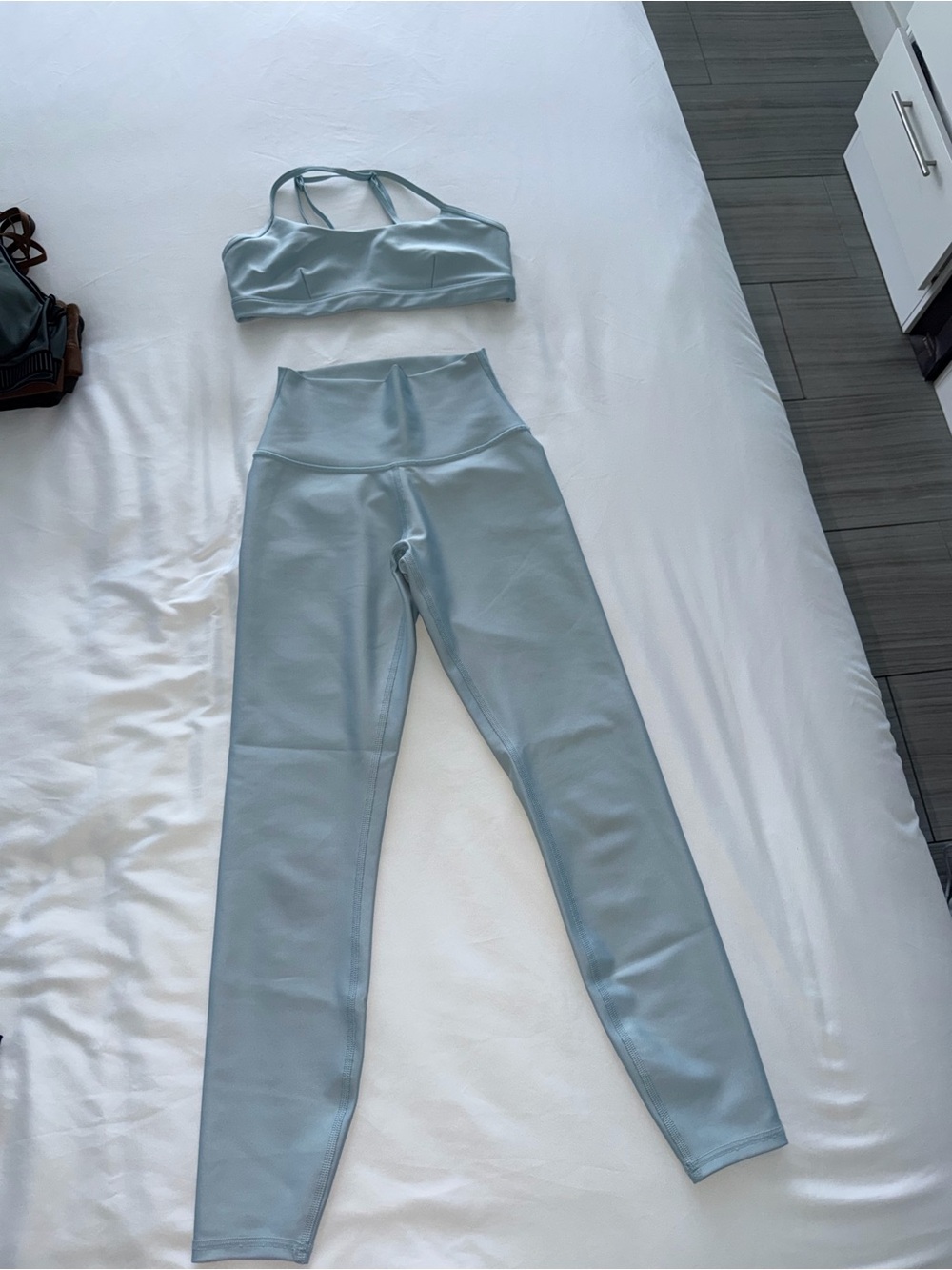 ALO Yoga Pale Blue High-Waist Leggings with Matching Strappy Sports Bra